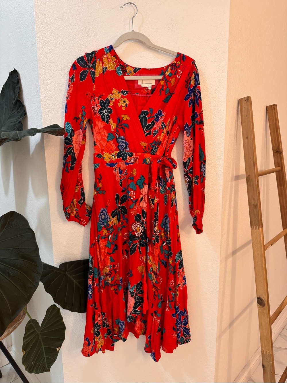 NWT Anthropologie Red Floral Wrap Midi Dress W/Tie Waist Long Sleeve Bohemian - Picture 3 of 13